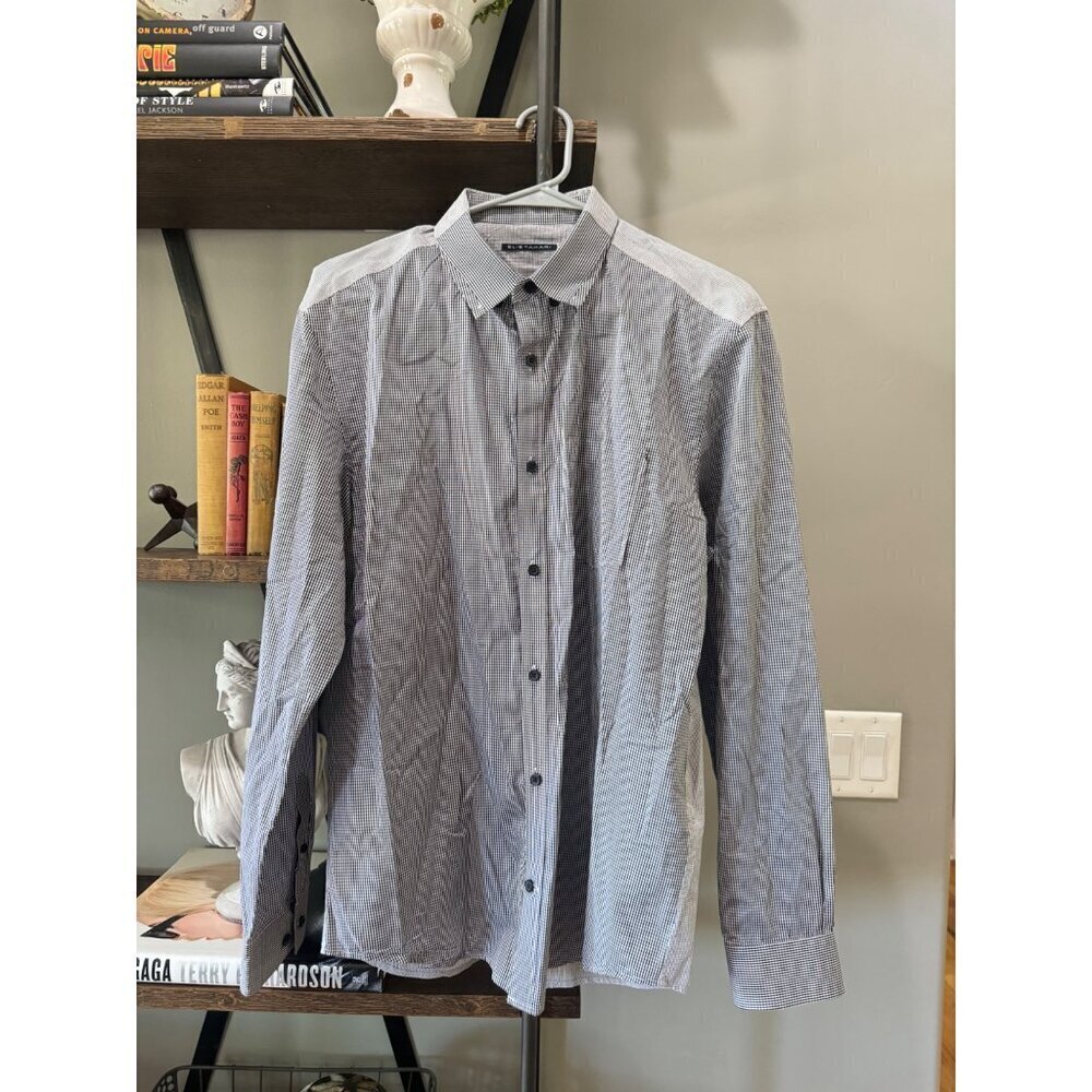 Elie Tahari Classic Fit Button Up Checkered Dress Shirt Black White Mens Size La